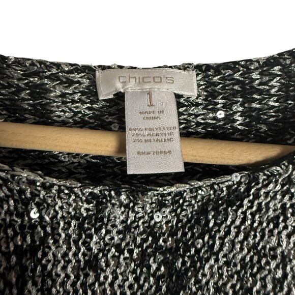 Chico’s Metallic Gray Sequined Knit 3/4 Sleeve Pullover Sweater Size 8 - Picture 2 of 9